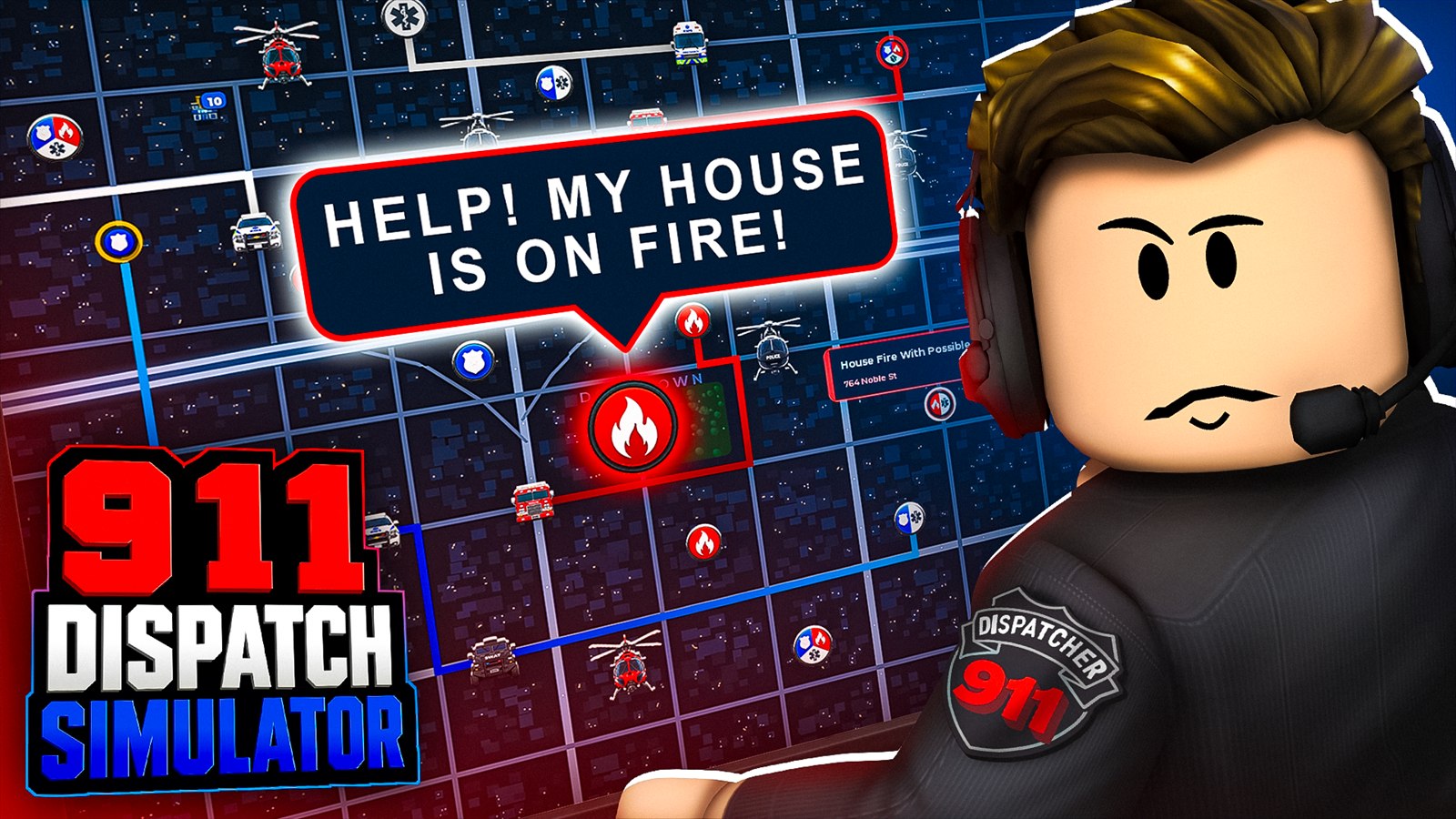 911 Dispatch Simulator key art — a Roblox dispatcher wearing a headset in front of the CAD console