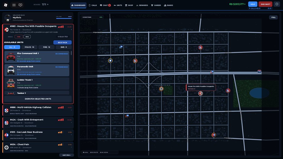 In-game dispatch dashboard — live call board, city map, and CAD incident details