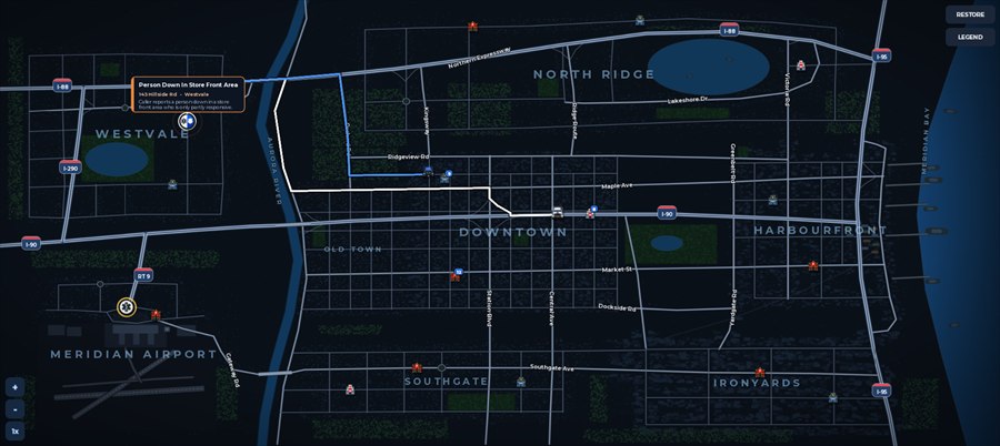 In-game CAD map of Meridian Bay with a unit routing to a medical call