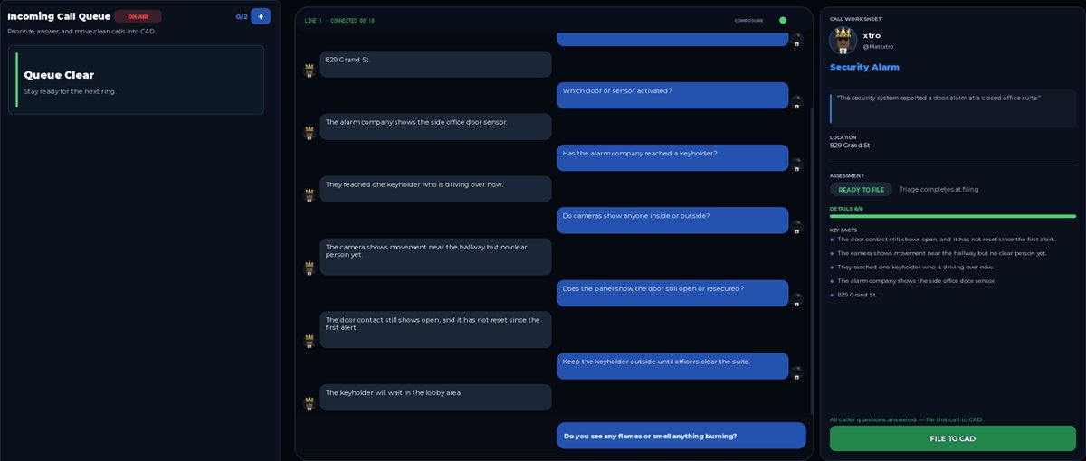 In-game call triage — questioning a caller live and filing the worksheet to CAD
